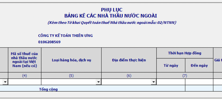 Mẫu Phụ lục bảng kê các nhà thầu nước ngoài – Mẫu 02-1/NTNN