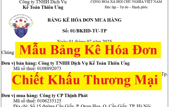 Mẫu bảng kê hóa đơn chiết khấu thương mại theo Nghị Định 70/2025