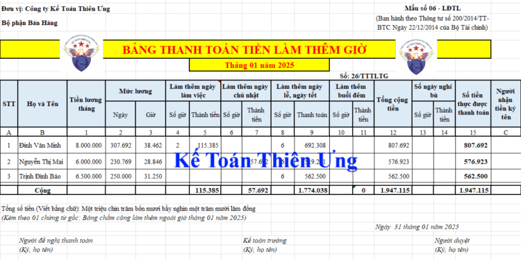 Mẫu Bảng thanh toán tiền làm thêm giờ theo Thông tư 133 và 200