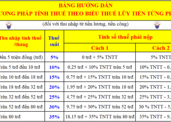 Bảng thuế suất thuế TNCN theo biểu lũy tiến từng phần, toàn phần 10%, 20%