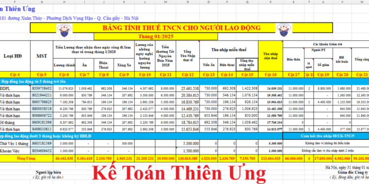 Mẫu bảng tính thuế TNCN trên Excel 2025 cho doanh nghiệp