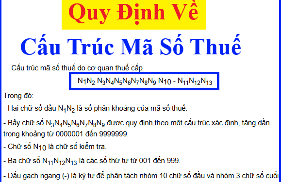 Cấu trúc mã số thuế doanh nghiệp, cá nhân, hộ kinh doanh