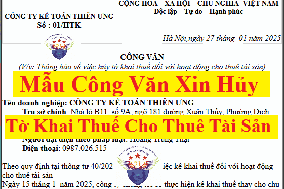 Mẫu công văn xin hủy tờ khai thuế cho thuê tài sản mới nhất năm 2025