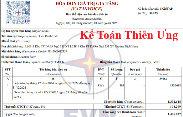 Mẫu hóa đơn tiền điện điện tử mới nhất năm 2025