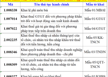 Danh sách mã thủ tục hành chính khi nộp tờ khai thuế