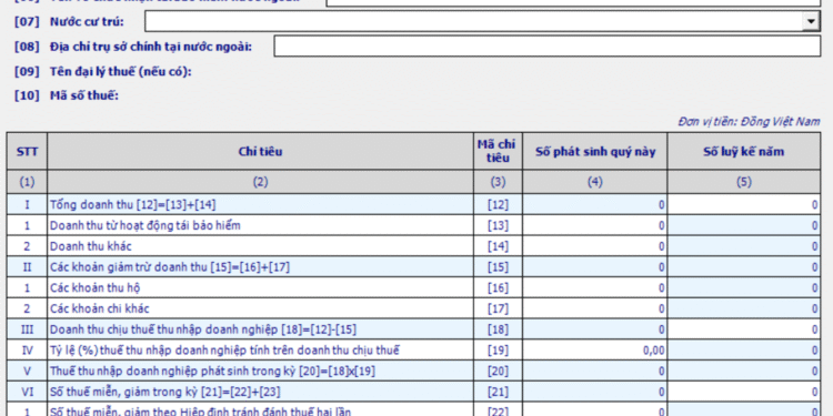 Mẫu 01/TBH Tờ khai thuế TNDN đối với tổ chức nhận tái bảo hiểm nước ngoài