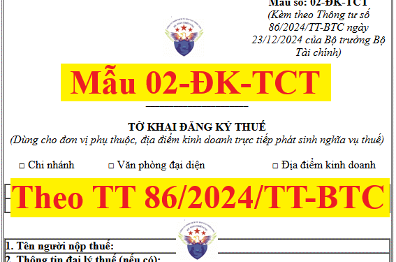 Mẫu 02-ĐK-TCT theo thông tư 86 Tờ khai đăng ký thuế