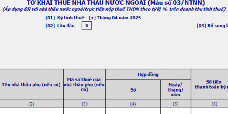 Mẫu 03/NTNN Tờ khai thuế nhà thầu nước ngoài