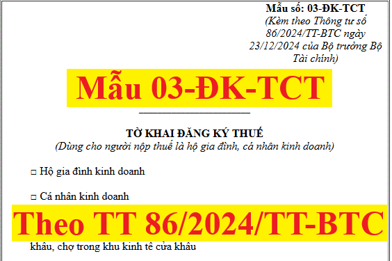 Mẫu tờ khai đăng ký thuế 03-ĐK-TCT theo thông tư 86/2024/TT-BTC