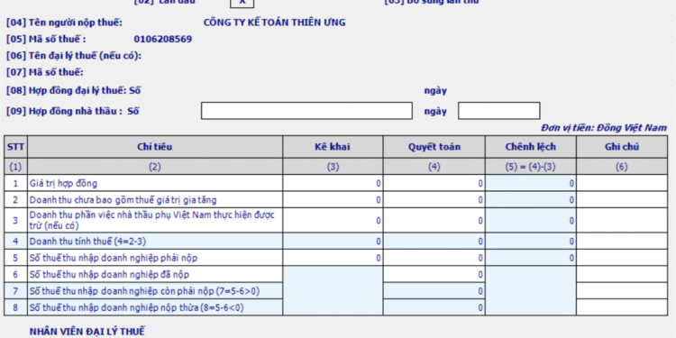 Mẫu 04/NTNN Tờ khai quyết toán thuế nhà thầu nước ngoài