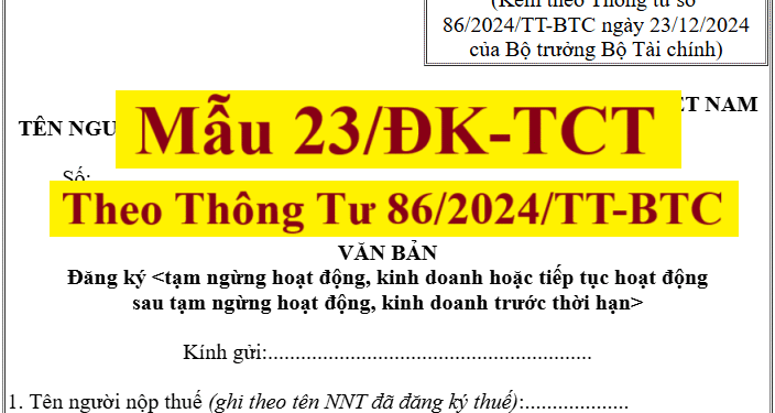 Mẫu 23/ĐK-TCT theo thông tư 86/2024/TT-BTC