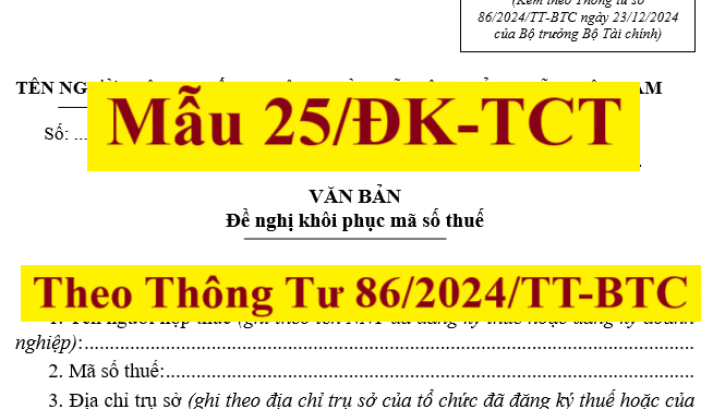 Mẫu 25/ĐK-TCT theo Thông tư 86/2024/TT-BTC