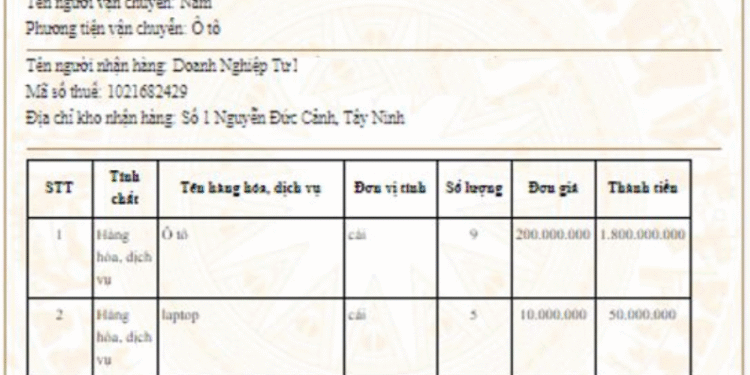 Mẫu phiếu xuất kho kiêm vận chuyển nội bộ điện tử 2025