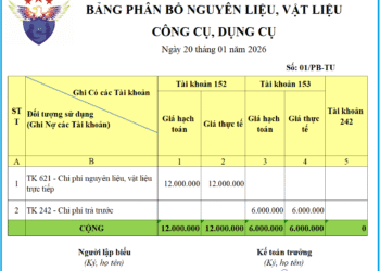 Mẫu bảng phân bổ nguyên liệu, vật liệu, công cụ, dụng cụ theo thông tư 99