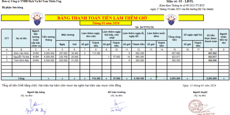 Mẫu bảng thanh toán tền làm thêm giờ theo Thông tư 99