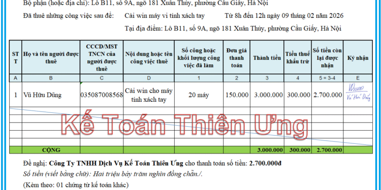 Mẫu bảng thanh toán tiền thuê ngoài theo Thông tư 99