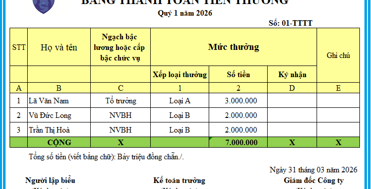Mẫu bảng thanh toán tiền thường theo Thông tư 99