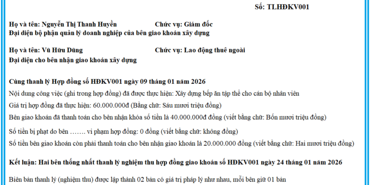 Mẫu biên bản thanh lý hợp đồng giao khoán theo Thông tư 99