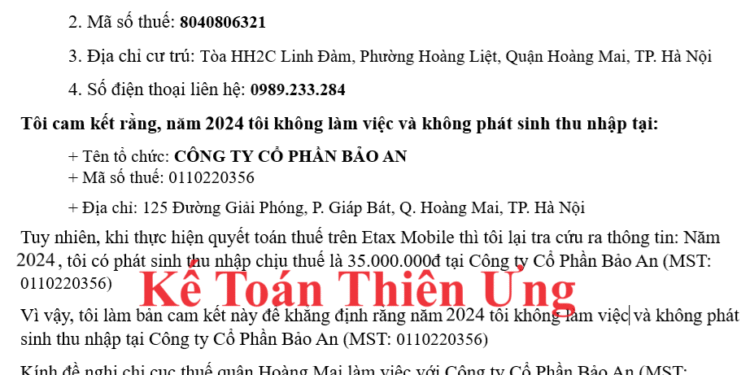 Mẫu cam kết không phát sinh thu nhập tại công ty, doanh nghiệp