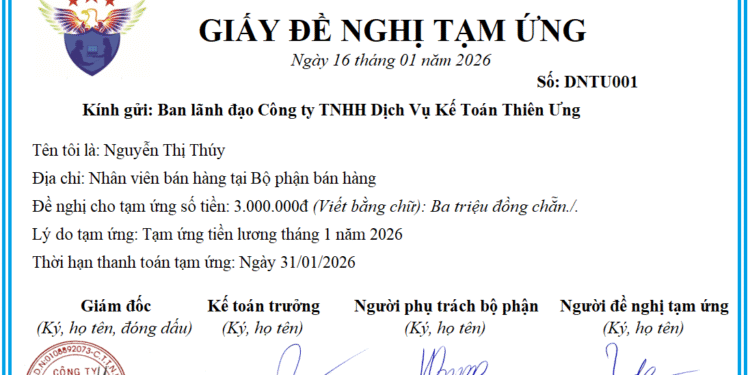 Mẫu giấy đề nghị tạm ứng – Mẫu số 03 – TT theo thông tư 99