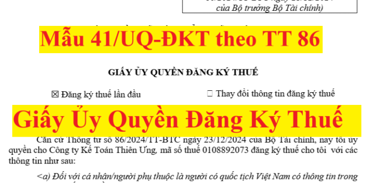 Mẫu giấy ủy quyền đăng ký thuế – Mẫu số: 41/UQ-ĐKT theo TT 86