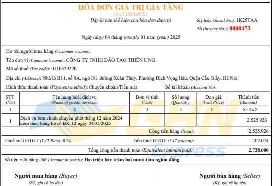 Mẫu hóa đơn không có mã của cơ quan thuế theo NĐ 70/2025