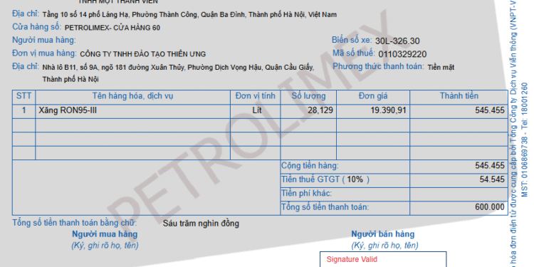 Mẫu hóa đơn xăng dầu mới nhất năm 2025