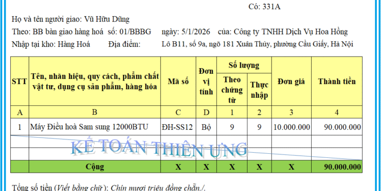 Mẫu phiếu nhập kho theo thông tư 99 mới nhất 2026