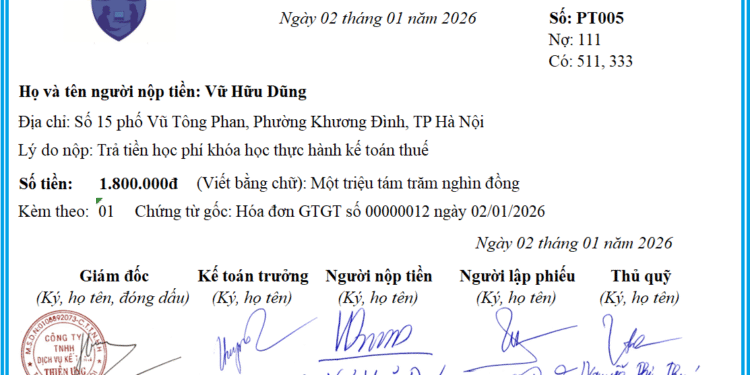 Mẫu phiếu thu theo thông tư 99 mới nhất năm 2026