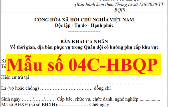 Mẫu số 04C-HBQP theo Thông tư số 136/2020/TT-BQP