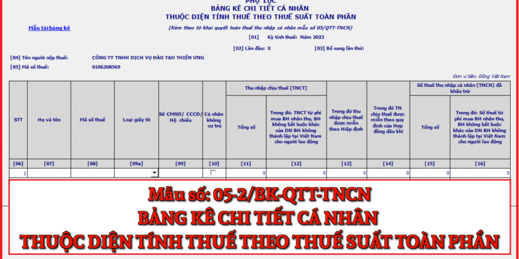 Mẫu số 05-2/BK-QTT-TNCN bảng kê chi tiết cá nhân thuộc diện tính thuế theo thuế suất toàn phần