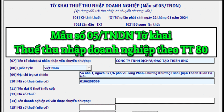 Mẫu số 05/TNDN Tờ khai thuế thu nhập doanh nghiệp theo TT 80/2021