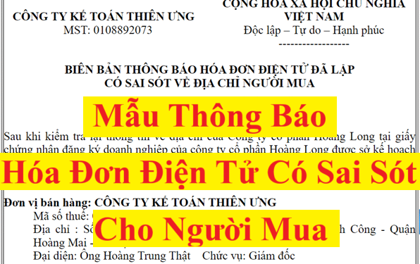 Mẫu thông báo hóa đơn điện tử có sai sót cho người mua