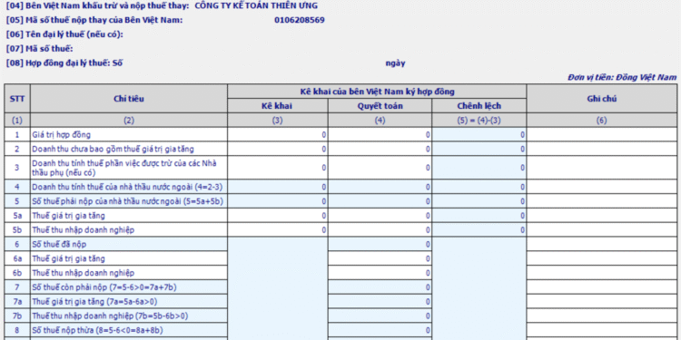 Mẫu tờ khai quyết toán thuế nhà thầu nước ngoài – Mẫu 02/NTNN