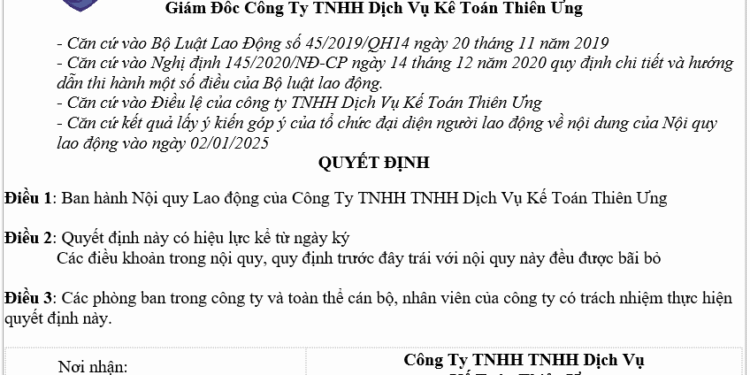 Mẫu quyết định ban hành nội quy lao động mới nhất năm 2025