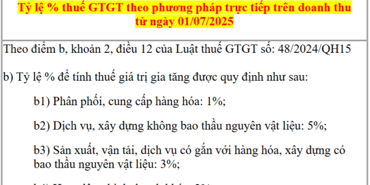 Thuế suất (Tỷ lệ %) thuế GTGT theo phương pháp trực tiếp trên doanh thu