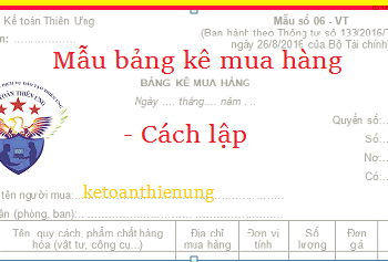 Mẫu Bảng kê mua hàng 06-VT theo Thông tư 133 và 200