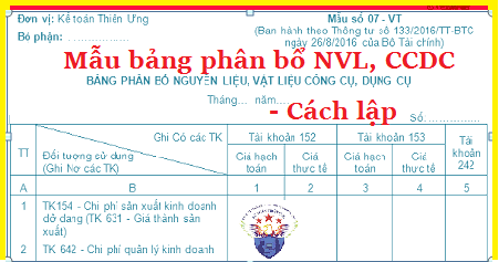 Mẫu Bảng phân bổ nguyên vật liệu, công cụ dụng cụ theo TT 133, 200