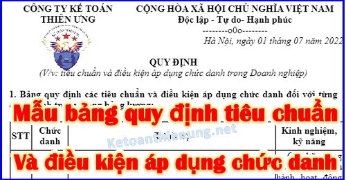 Bảng quy định tiêu chuẩn và điều kiện áp dụng chức danh