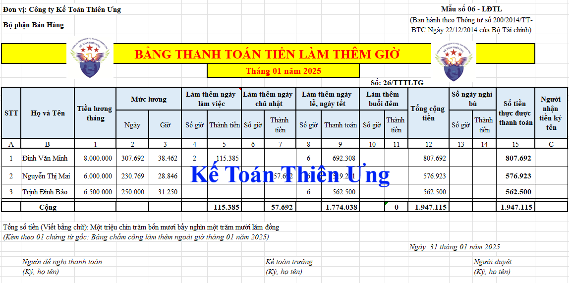 Mẫu bảng thanh toán tiền làm thêm giờ trên Excel Mẫu bảng thanh toán tiền làm thêm giờ trên Excel
