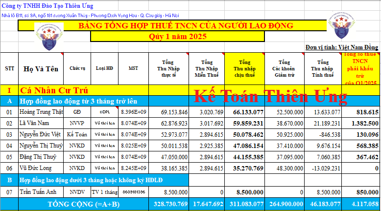 Bảng Tổng Hợp Thuế TNCN theo Quý Bảng Tổng Hợp Thuế TNCN theo Quý