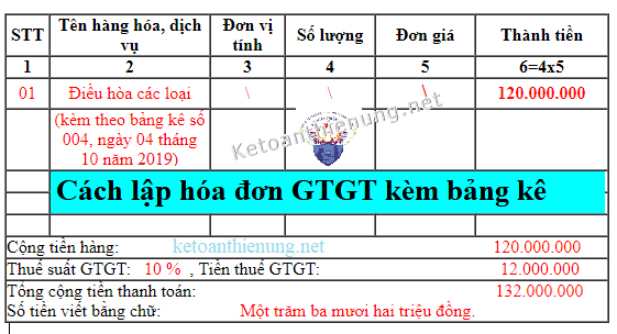 Cách viết hóa đơn kèm theo bảng kê chi tiết