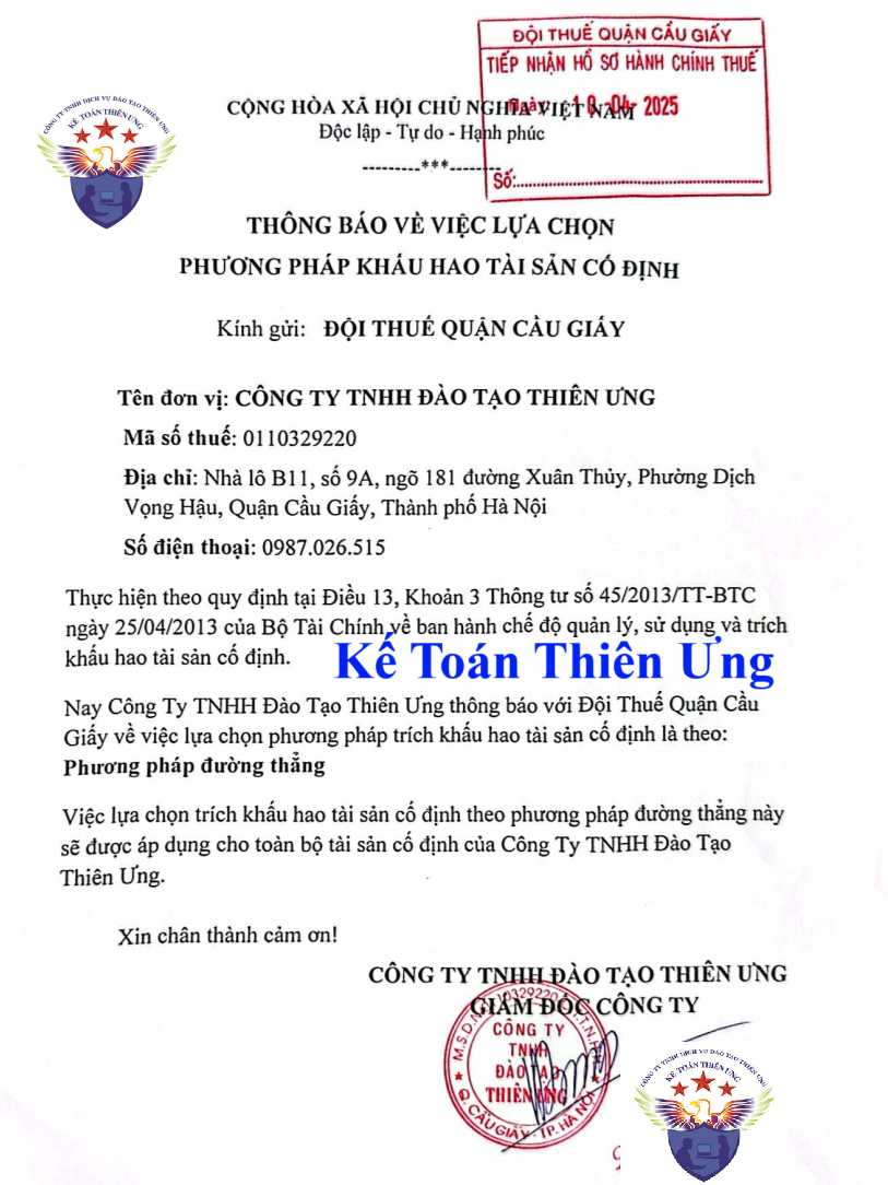 Mẫu đăng ký trích khấu hao tài sản cố định