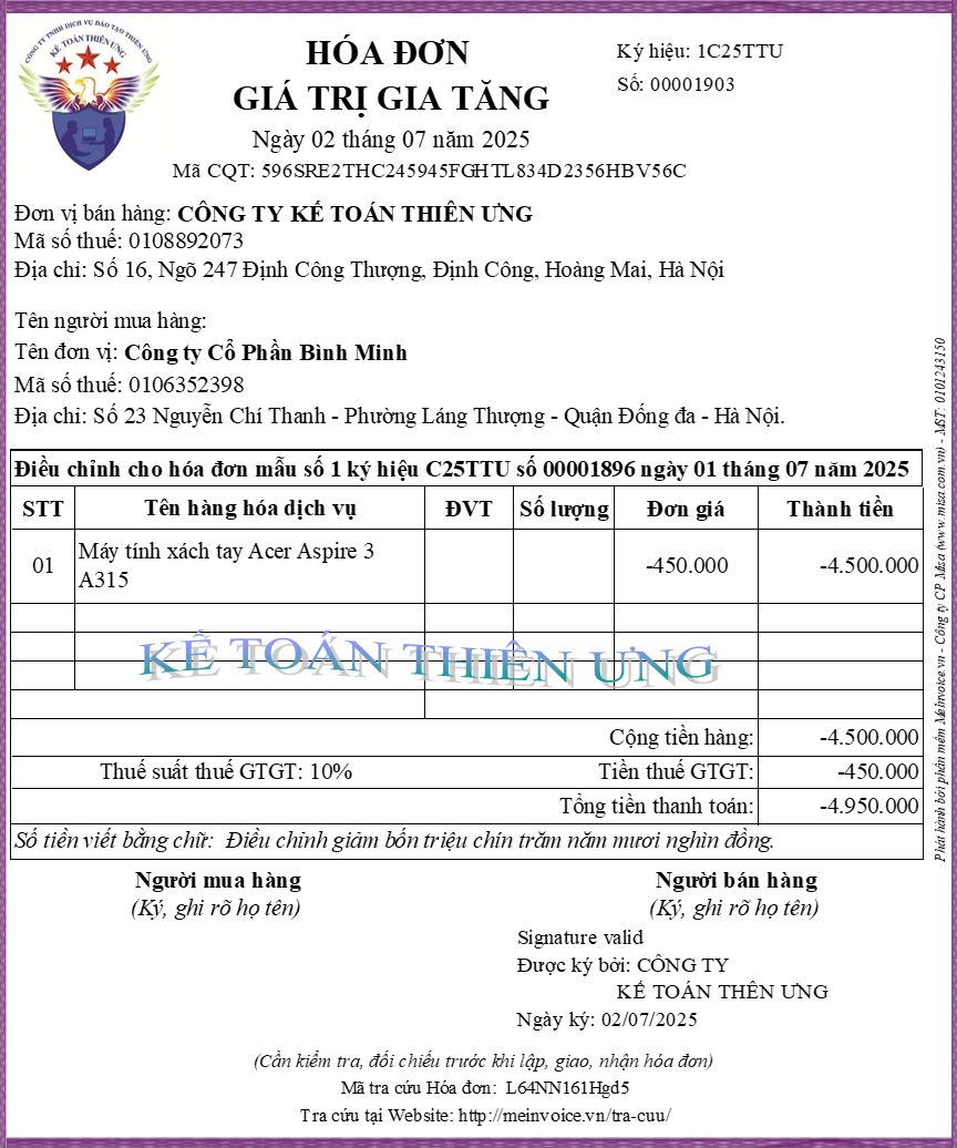 Mẫu hóa đơn điều chỉnh giảm Mẫu hóa đơn điều chỉnh giảm