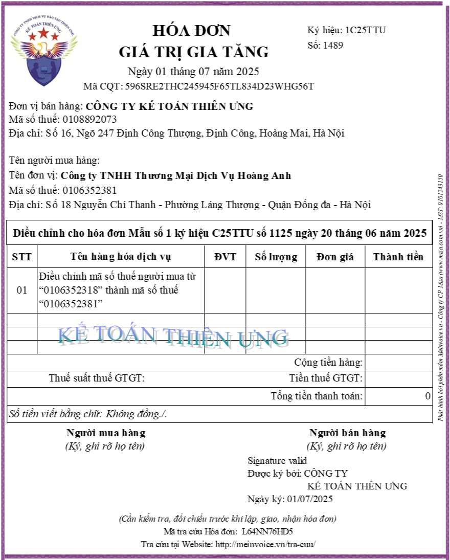 Hóa đơn điều chỉnh mã số thuế Hóa đơn điều chỉnh mã số thuế