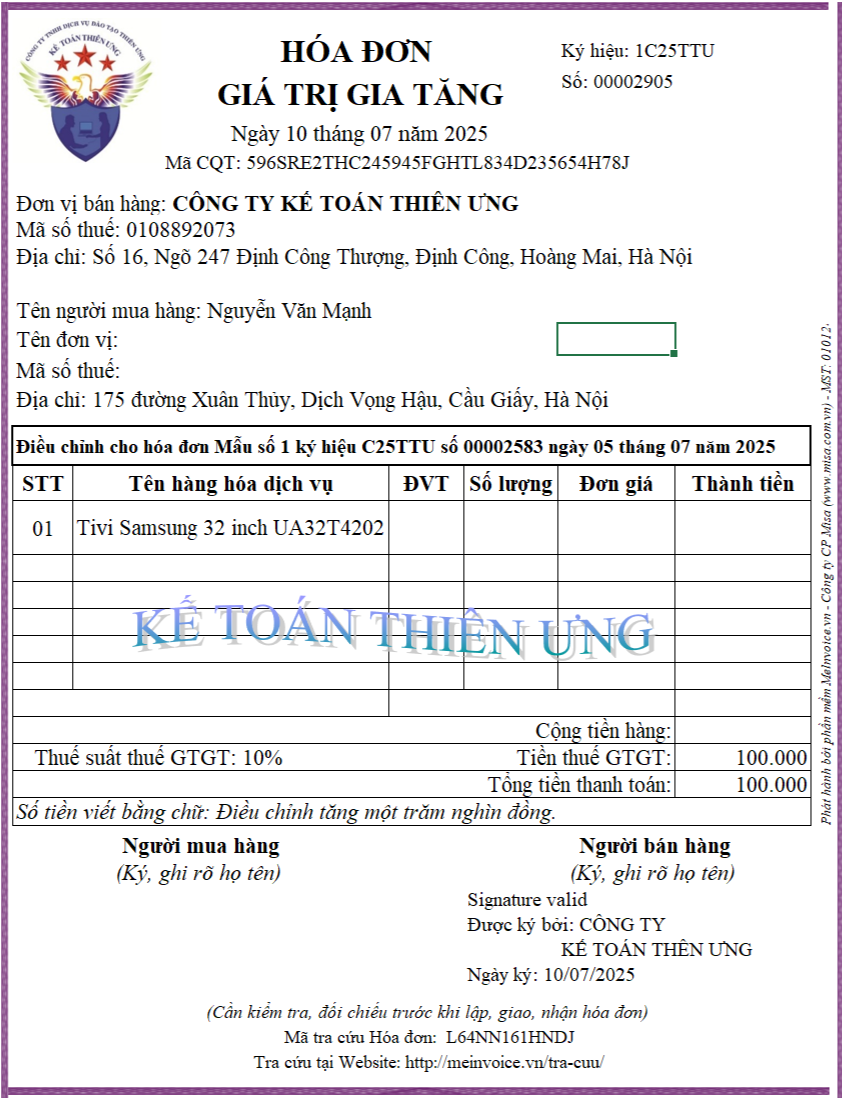 Hóa đơn điều chỉnh tăng Hóa đơn điều chỉnh tăng