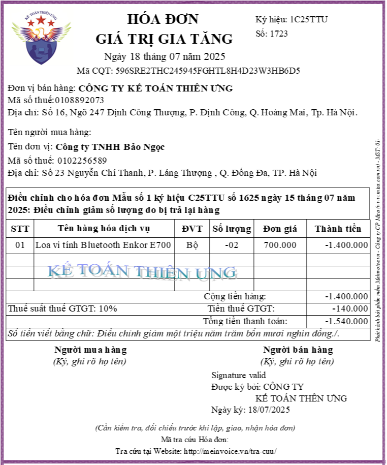 Hóa đơn hàng bán bị trả lại