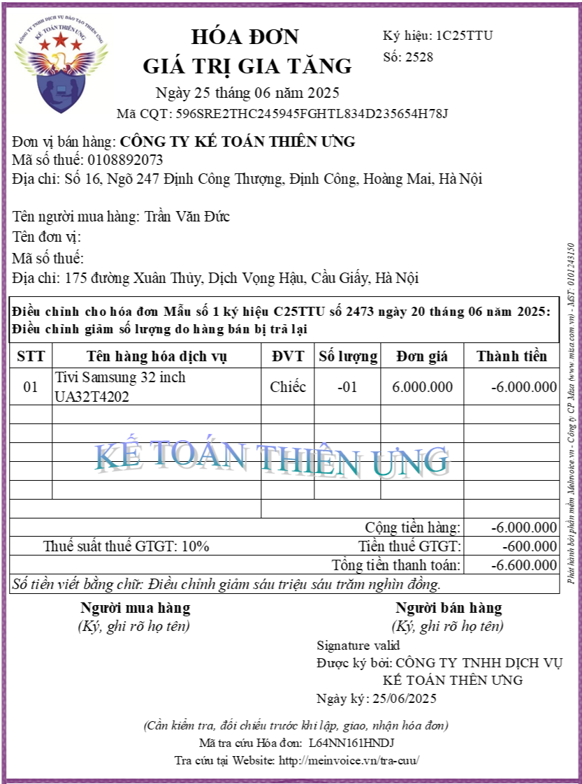 Hóa đơn hàng bán bị trả lại