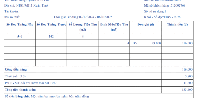 Mẫu hóa đơn tiền nước mới nhất năm 2025