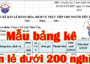 Mẫu bảng kê bán hàng cho khách lẻ dưới 200 nghìn file Excel